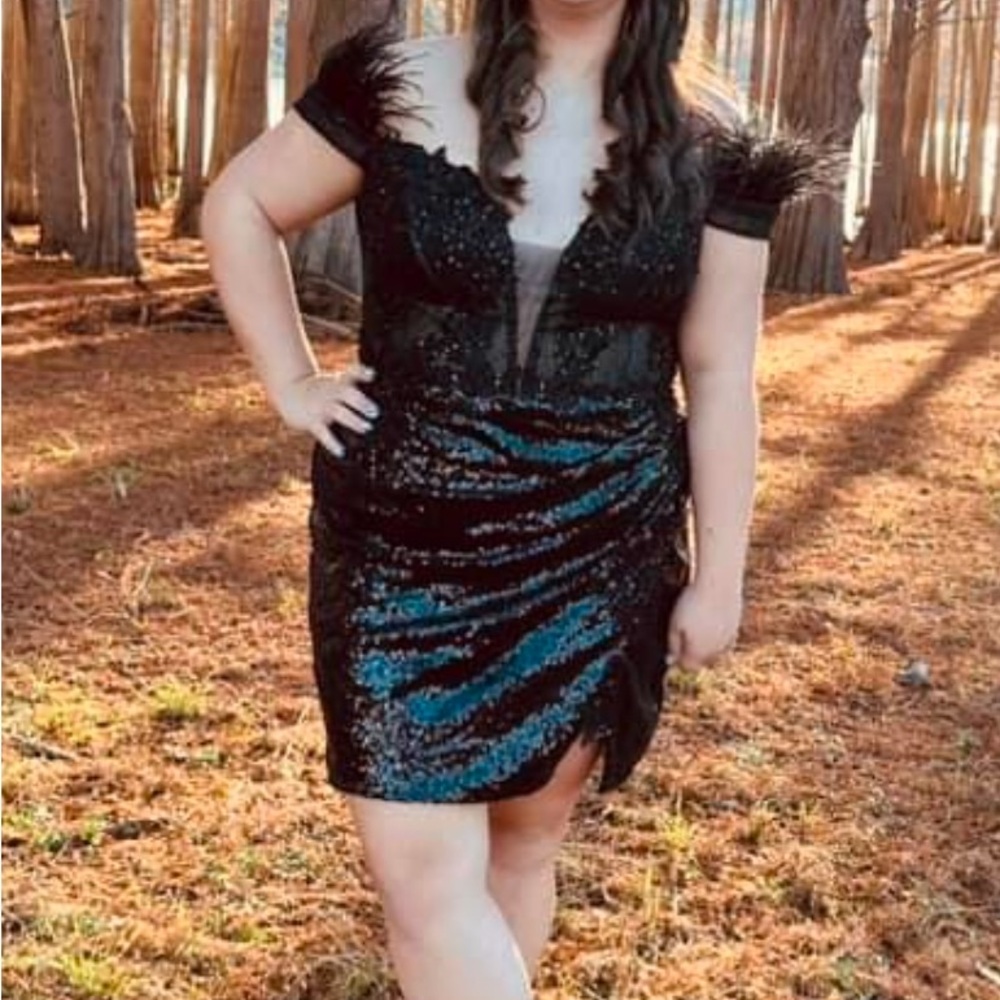 Corset back, black, sequence & feathers cocktail HOCO
